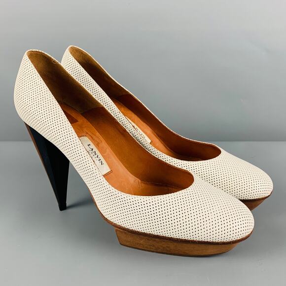 LANVIN Size 11 White Brown Leather Perforated Platform Pumps - Picture 1 of 10